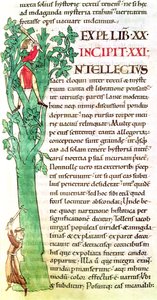 Ms 173 f.41 Historisierte Initiale I, die einen Mönch und einen Laien zeigt, die einen Baum fällen und beschneiden, aus Moralia in Job von Papst Gregor dem Großen von French School