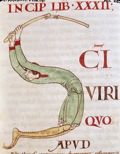 Ms 173 fol.148r Historisierte Initiale S, die einen Mann beim Dreschen zeigt, aus Moralia in Job von Papst Gregor dem Großen von French School