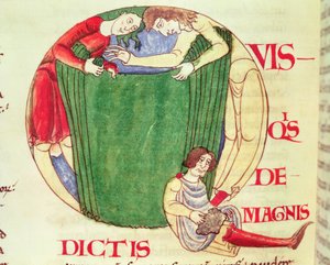 Ms 173 fol.92v Historisierte Initiale Q, die Tuchhändler darstellt, aus Moralia in Job von Papst Gregor dem Großen, Burgundische Schule von French School