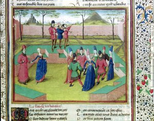 Ms 19153 f.7 Ein Carole im Obstgarten, Illustration aus Le Roman de la Rose von Jean de Meung, um 1460 von French School
