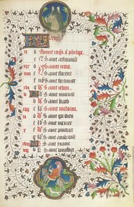 Mai: Zwillinge und ein Mann bei der Jagd, aus einem Stundenbuch, frühes 15. Jahrhundert