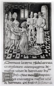 Isabella von Frankreich, Königin von England, verabschiedet sich von Wilhelm I., Graf von Hennegau, aus Froissarts Chronik