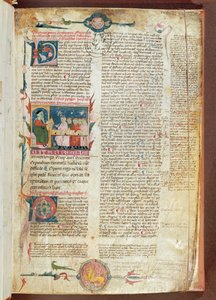 Unterrichtsszene, erste Seite der Aphorismen von Hippokrates mit Kommentaren von Galen von French School
