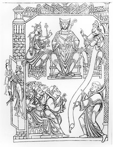 Ms 210 fol 19v. Chartular von Mont Saint-Michel: Herzog Richard II. von der Normandie schenkt dem Kloster Mont St. Michel Land und Privilegien (Stich nach einer Zeichnung aus den 1150er Jahren) von French School