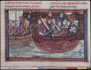 Ms 22495 fol.287 Einschiffung ins Ausland, aus Le Roman de Godefroi de Bouillon, 1337