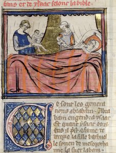 Ms 22 fol.30 Die Geburt der Zwillinge Jakob und Esau, Miniatur aus der Bible Historiale von Guiart des Moulins