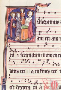 Ms 241 f.144 Historisierte Initiale S, die die Darstellung Jesu im Tempel zeigt, aus dem Antiphonar zur Weihe der Abteikirche von Vauclair, 1257