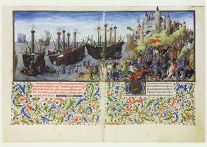 Ms 2617 Die Burg der Amazonen wird von Theseus, Herzog von Athen, belagert, aus La Teseida, von Giovanni Boccaccio (1313-75) 1340-41 von French School