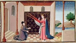 Ms 3045 fol.68v Lady Philosophie bietet Boethius die Flügel an, die es seinem Geist ermöglichen, emporzufliegen