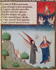 Ms 3045 fol.94r Lady Philosophie führt Boethius im Flug in den Himmel auf den Flügeln, die sie ihm gegeben hat; Gott der Vater schaut segensreich zu