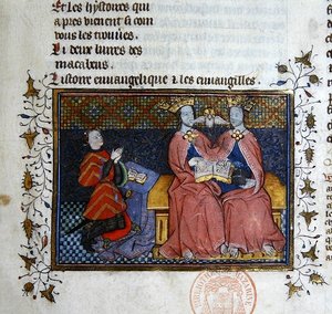 Die Dreifaltigkeit und die kniende Figur des Stifters, Miniatur aus der Bible Historiale von Guyart des Moulins von French School