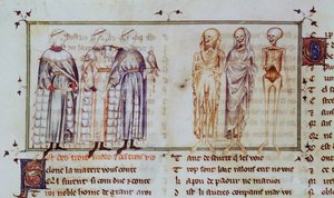 Ms 3142 fol.311r Die Geschichte der drei Lebenden und der drei Toten, aus Recueil de Poesies Francaises, um 1280-90 von French School