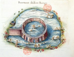 Die Bäder von Bourbon-Lancy, Illustration aus Generale Description du Bourbonnais von Nicolas de Nicolay, 1569