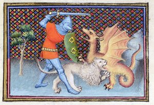 Ms 3480 Yvain, der Ritter mit dem Löwen, kämpft gegen einen Drachen, Miniatur aus Roman de Lancelot (Detail)