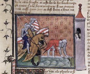 Ms 3480 fol.77 Lancelot überquert die Schwertbrücke, aus dem Livre de Messire Lancelot du Lac