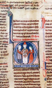 Ms 365 fol.318v Historisierte Initiale D, die eine Hochzeit darstellt, aus den Dekretalen von Gregor IX von French School