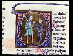 Historiierte Initiale D, die einen Mann mit dem Teufel darstellt, aus einer lateinischen Bibel