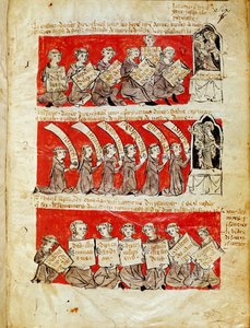Ms 406 fol.6 Szenen aus dem Leben der Studenten des College of Hubant oder des College der Heiligen Jungfrau in Paris, aus den Statuten des College of Hubant, 1387
