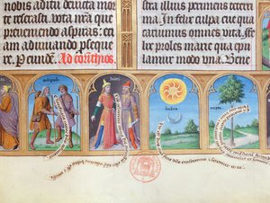 Ms 412 Stundenbuch mit Illustrationen von Pilgern, Juden, Sonne, Mond und Myrte von French School
