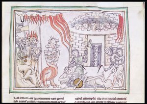 Ms 422 Fol.95r Das himmlische Feuer zerstört die Armee Satans, Szene aus der Apokalypse