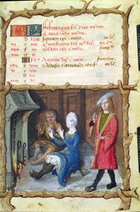 Ms 438 Der Monat Februar: Aufwärmen vor dem Herd, aus einem Stundenbuch, 1490