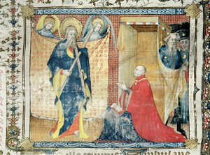 Ms 48 fol.181 Jean de France (1340-1416) Herzog von Berry betet vor St. Andreas, aus dem Lectionnaire de la Sainte-Chapelle de Bourges, ca. 1404-10 von French School