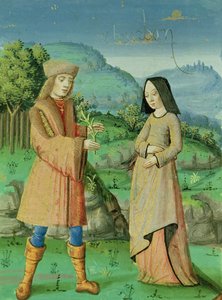 Ms 493 fol.123v Begegnung von Aeneas und Anne, der Schwester von Dido, aus der Aeneis mit Kommentar von Servius, 1469