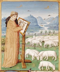 Ms 493 fol.37v Vergil schreibt in einem Feld mit Schafen und Ziegen, aus den Georgica von Vergil (70-19 v. Chr.) mit Kommentar von Servius, 1469