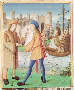 Ms 493 fol.87 Die Abreise des Aeneas, aus der Aeneis von Virgil mit einem Kommentar von Servius, 1469