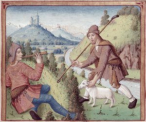 Ms 498 f.3v Tityrus trifft Meliboeus, aus den Eklogen von Virgil mit einem Kommentar von Servius, 1469 von French School