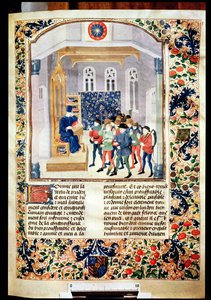 Ms 5064 fol.1r Der Autor überreicht sein Buch den Bauern, aus Livre des Prouffitz Champestres von Pietro de Crescenzi von French School