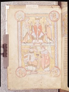 Ms 512 fol.4v St. Gregor der Große (ca. 540-604) zwischen seinem Vater Gordien und seiner Mutter Silvia und einem ertrunkenen Mann als Engel, aus Liber Pastoralis