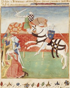 Ms 527 fol.40v Konfrontation von zwei Rittern vor dem König, aus Roman du Saint Graal von French School
