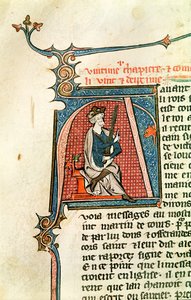 Ms 682 fol.17v Historisierte Initiale A, die einen sitzenden König mit einem zweischneidigen Schwert darstellt von French School