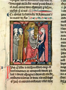 Karl der Große (742-814) sendet Ganelon zu den saragossanischen Königen Marsile und Baligant, aus den Chroniken von Saint-Denis, ca. 1275 von French School