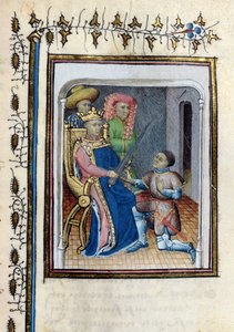 Karl V (1338-80) gibt Bertrand du Guesclin (ca. 1320-80) das Schwert des Obersten Konstablers zurück, aus der Histoire de Du Guesclin nach dem Gedicht von Cuvelier, frühes 15. Jahrhundert