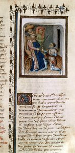 Ms 814 f.125r Bertrand du Guesclin (1320-80) vom König zum Ritter geschlagen, aus der Histoire de Du Guesclin von French School