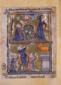 Moses auf dem Berg Sinai und Moses und das Goldene Kalb, aus La Somme le Roy von Frere Laurent, illuminiert von Maitre Honore von French School