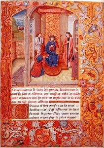 Ms 95 Fol.1 Der Autor bietet dem Herzog von Burgund sein Buch an, aus den Wappenbüchern von Adolphe de Cleves, frühes 15. Jahrhundert von French School