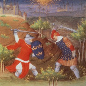 König Artus kämpft gegen einen römischen General, aus einer Handschrift der Histories
