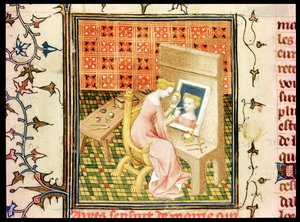 St. Marcia (gest. 632) malt ein Selbstporträt, aus De Claris Mulieribus, von Giovanni Boccaccio (1313-75)