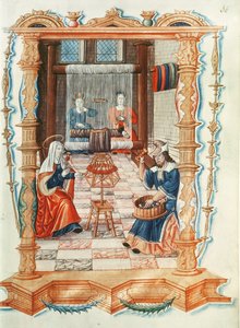 Die Jungfrau Maria webt in einer Werkstatt, aus Chants royaux sur la Conception couronnee du Puy de Rouen von French School