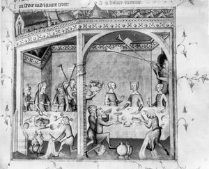 Musiker, die bei einem Bankett unterhalten, ca. 1370 von French School