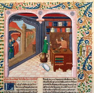 Ein Patient in seinem Bett und ein Apotheker, der Medizin zubereitet, aus Le Livre des Proprietes des Choses von Barthelemy l