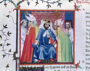 Ms. Fr. 2608 fol.335v Krönung von Philippe III (1245-85), aus den Grandes Chroniques de France, ca. 1400