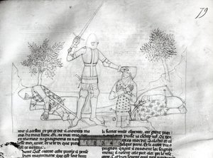 Ms Fr 343 f.79 Ein Ritter wird auf einem Schlachtfeld gerüstet, aus Lancelot du Lac von French School