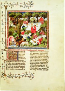 Jäger, die vor der Hirschjagd schmausen, aus Livre de la Chasse von Gaston Phebus de Foix (1331-1391) von French School
