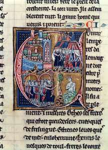 Ms Fr 9081 fol.206 Historisierte Initiale C, die Konrad III. (1137-52), Kaiser von Deutschland, und Ludwig VII. (1120-80), König von Frankreich, zeigt, die 1148 Damaskus belagern, aus Histoire de Jerusalem von William von French School