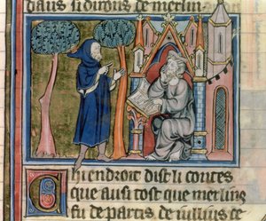 Ms Fr. 95 f.268 Merlin diktiert die Geschichte an Blaise, aus der Histoire de Merlin, ca. 1280-90