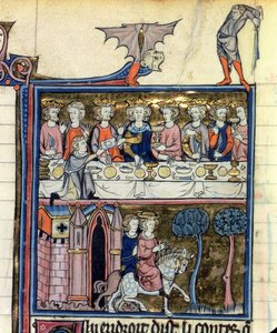 Ms Fr 95 f.326 König Artus und seine Ritter um den Tisch, aus der Geschichte von Merlin, ca. 1280-90